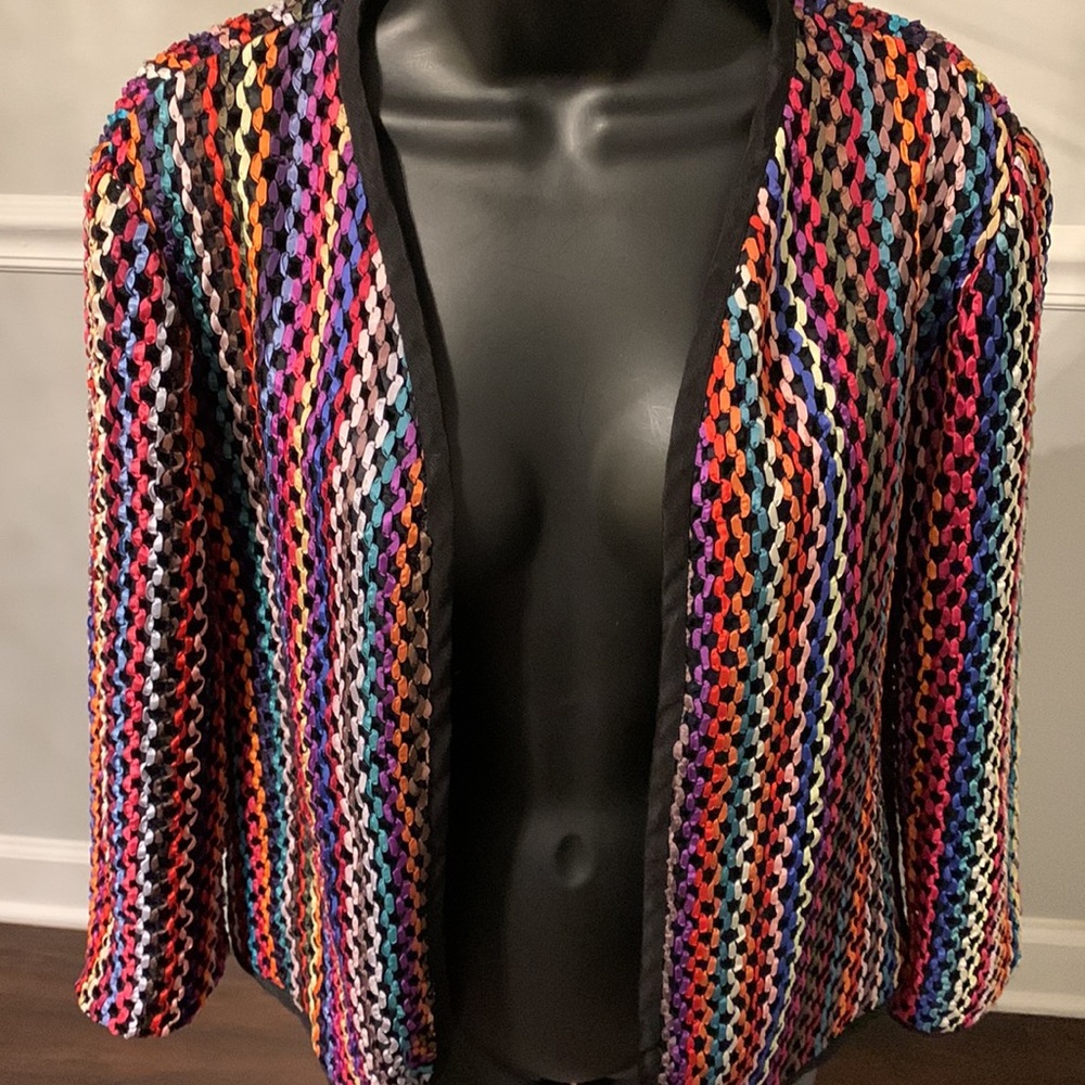 F.A. Chatta Ltd. Rainbow Ribbon Open Front Jacket Size 12 (Vintage)